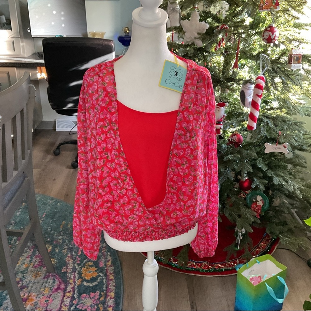 CeCe Vibrant Red and Pink Floral Blouse